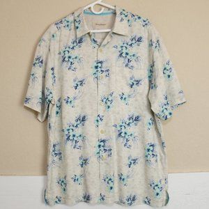 TOMMY BAHAMA Men's Original Fit Camp Shirt 100% Silk Tan Blue Floral Size XL
